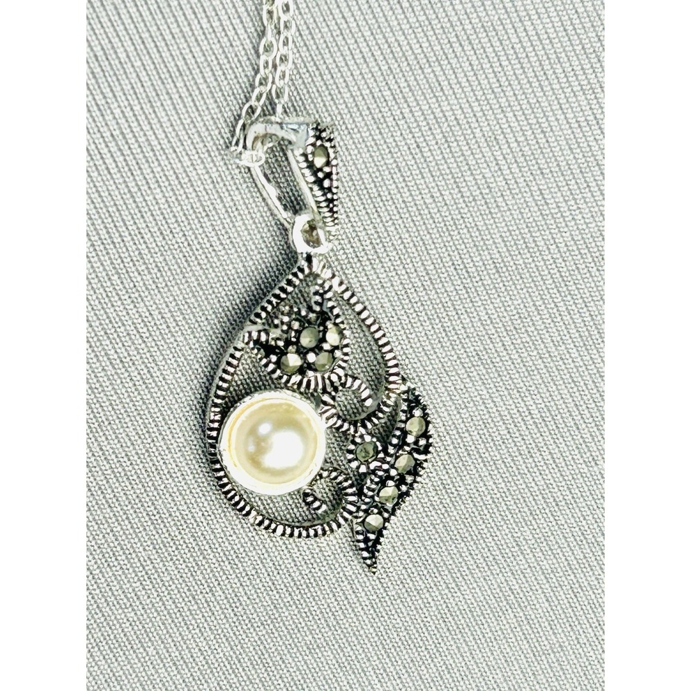 Sterling Silver Marcasite Style & Faux Pearl Pendant With 9" Chain Necklace .925